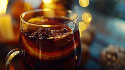 Poster - A close up of a glass of tea with an orange slice. Perfect for food and beverage concepts