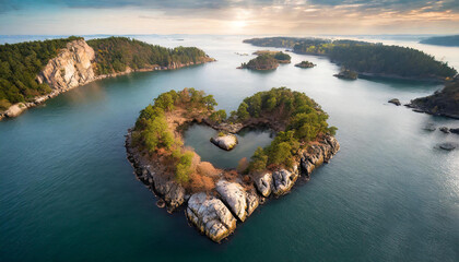 Poster - Aerial view of heart-shaped island in the middle of water with rocks and trees. Beautiful nature.