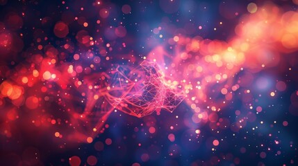 Poster - Flying polygonal spheres in empty space with bokeh effects over a futuristic backdrop. Poster design.