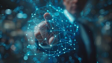 Poster - A businessman touches the digital data network with his fingers in 3D