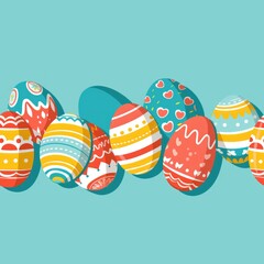 Poster - Row of vibrant Easter eggs on a blue backdrop. Perfect for Easter-themed designs