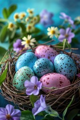 Poster - A bird nest filled with speckled eggs surrounded by purple flowers. Ideal for nature and spring-themed designs