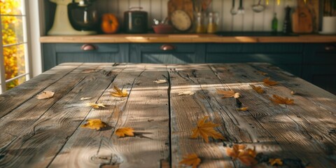 Aufkleber - Wooden table with leaves on it in a kitchen. Perfect for home decor