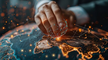 Poster - 3D rendering of businessman touching global network and data exchanges across the globe