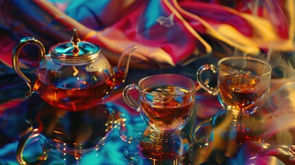 Poster - Tea pot and two glasses of tea on a table, perfect for cafe or restaurant concepts