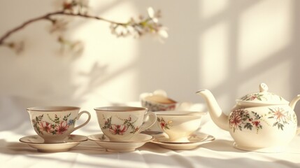 Aufkleber - Tea set with teapot, cups, and saucers on table. Perfect for tea party invitations