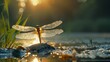 Iridescent Dragonfly Hovering Over Shimmering Pond in Sunlit Natural Setting