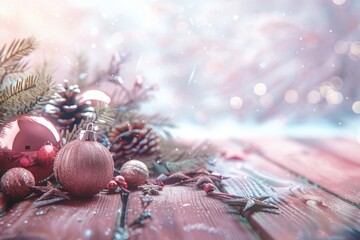 Aufkleber - A wooden table adorned with Christmas decorations and pine cones. Perfect for holiday-themed designs