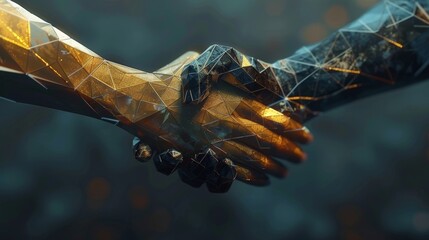Aufkleber - Various abstract polygonal handshakes on a dark background. Teamwork concept. 3D rendering.