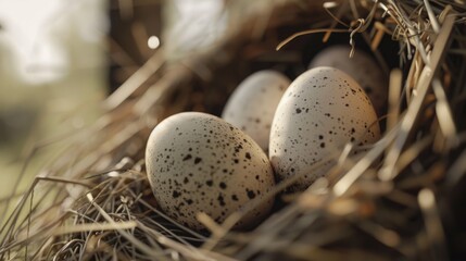 Poster - Close up of a nest with three eggs, ideal for nature and wildlife themes