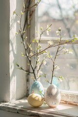Aufkleber - Two eggs resting on a window sill with a tree branch nearby. Suitable for food and nature concepts