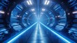 Science fiction interior rendering of sci-fi spaceship corridors in blue light, 3D rendering