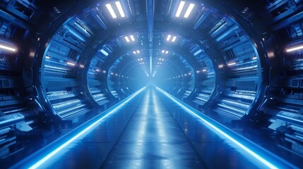 Aufkleber - Science fiction interior rendering of sci-fi spaceship corridors in blue light, 3D rendering