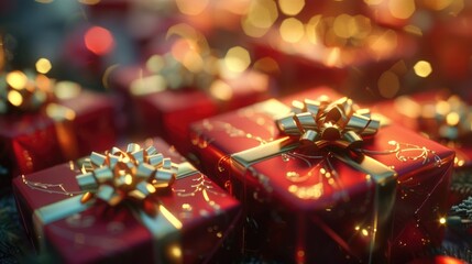 Poster - A bunch of red gift boxes sitting on top of a table. Perfect for holiday or celebration concepts