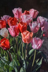 Poster - Colorful tulips arranged in a vase, suitable for home decor