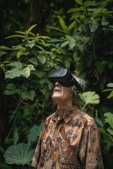 Poster - A man wearing a virtual reality headset in a forest. Suitable for technology and nature concepts