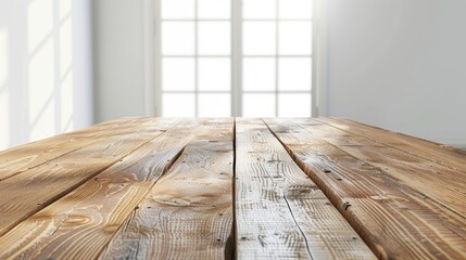 Poster - A wooden table with a view of a window. Suitable for home decor