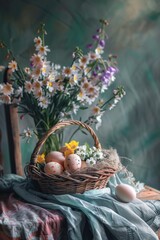 Aufkleber - A basket filled with eggs on a table, suitable for food and farm concepts