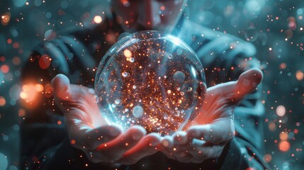 Aufkleber - Using anaglyph holograms and a 3D rendering of a digital sphere, a businessman stands on a blurred background