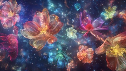 Wall Mural - Ethereal Cosmic Flowers in a Vivid Space Nebula Background