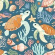 Colorful Marine Life Illustration with Turtles and Seashells