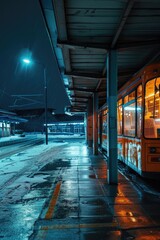 Aufkleber - A bus parked at a bus stop at night. Suitable for transportation themes
