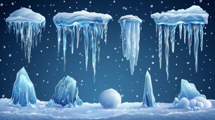 Aufkleber - Isolated modern set of snow caps, icicles, snowballs and snowdrifts for winter decorations.