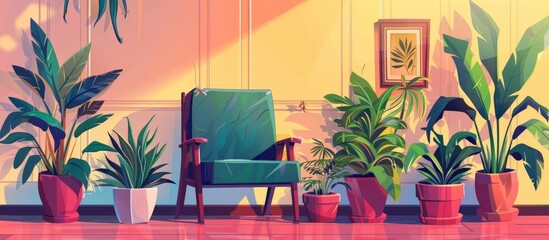 Poster - Potted plants, chair, and painting in a room with a comfortable armchair and houseplants near a colored wall