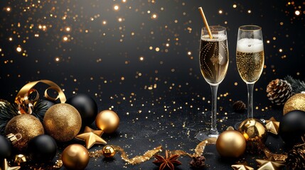 Fototapete - Happy new year 2018 gold and black colors place for text christmas balls star champagne glass layer brochure 2019 2020