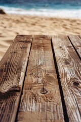 Aufkleber - A close up of a wooden table on a beach. Ideal for travel and vacation themes