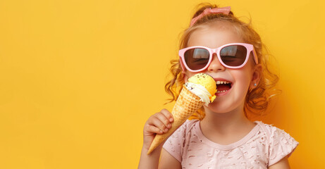 Wall Mural - Photo of a girl in sunglasses eating ice cream on a yellow background, copy space concept for advertising and banner with a happy child enjoying summer food 