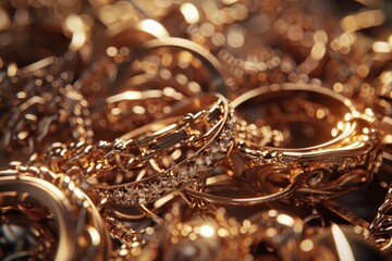 Poster - A pile of luxurious gold rings and necklaces. Perfect for jewelry store promotions