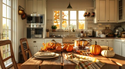 Poster - A bunch of pumpkins displayed on a kitchen table. Ideal for autumn and harvest themes