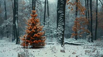 Aufkleber - A small tree in the middle of a snowy forest. Suitable for winter-themed designs