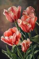 Poster - Three vibrant pink tulips in a clear glass vase. Perfect for spring-themed designs and floral arrangements