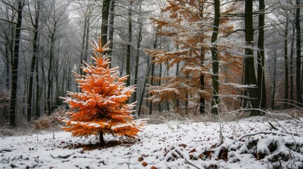 Aufkleber - A small tree standing in a snowy forest, perfect for winter-themed designs