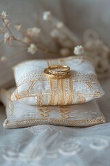 Wall Mural - A close-up shot of a gold wedding ring resting on a white pillow. Perfect for wedding themes and jewelry concepts