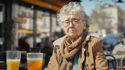 Poster - A woman sitting at a table with a glass of beer. Suitable for food and beverage concepts