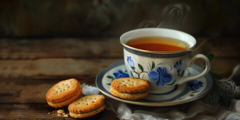 Poster - A cozy scene with a cup of tea and biscuits, perfect for illustrating relaxation or a break time