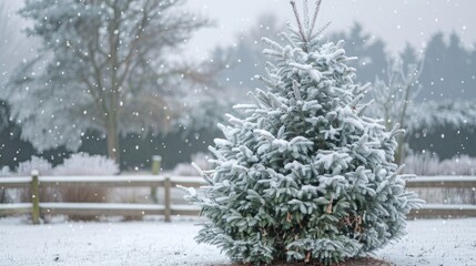Poster - Snow covered tree standing in the middle of a field, suitable for winter and nature concepts