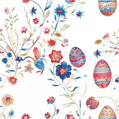 Poster - Colorful easter eggs and flowers on a white background. Perfect for Easter holiday designs