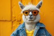 A fashionable alpaca in a jean jacket and sunglasses stands against an orange wall, face obscured