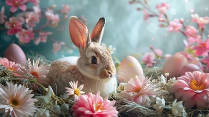 Poster - A cute rabbit sitting in a bed of colorful flowers, suitable for various nature and gardening themes