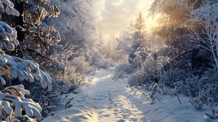 Aufkleber - A serene snow-covered path in a peaceful forest. Suitable for winter-themed designs