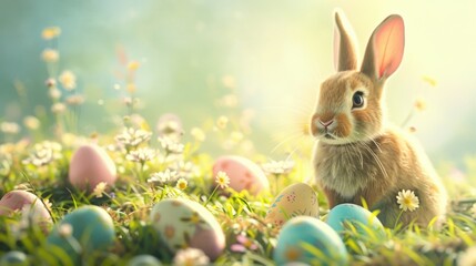 Poster - A rabbit sitting in the grass with colorful Easter eggs. Perfect for Easter holiday designs