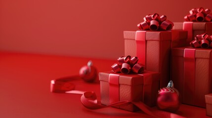 Poster - Red gift boxes sitting on a table, perfect for holiday concepts