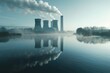 The serene reflection of cooling towers in a still body of water, with steam billowing into the atmosphere