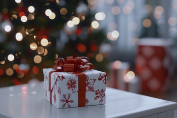 Poster - A white gift box with a red ribbon on a table. Perfect for holiday and celebration concepts