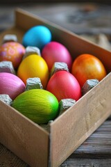 Canvas Print - A box filled with colorful painted eggs on a wooden table. Perfect for Easter and spring-themed designs