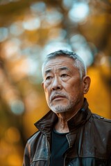 Poster - A man in a leather jacket gazing off into the distance. Suitable for various concepts and themes